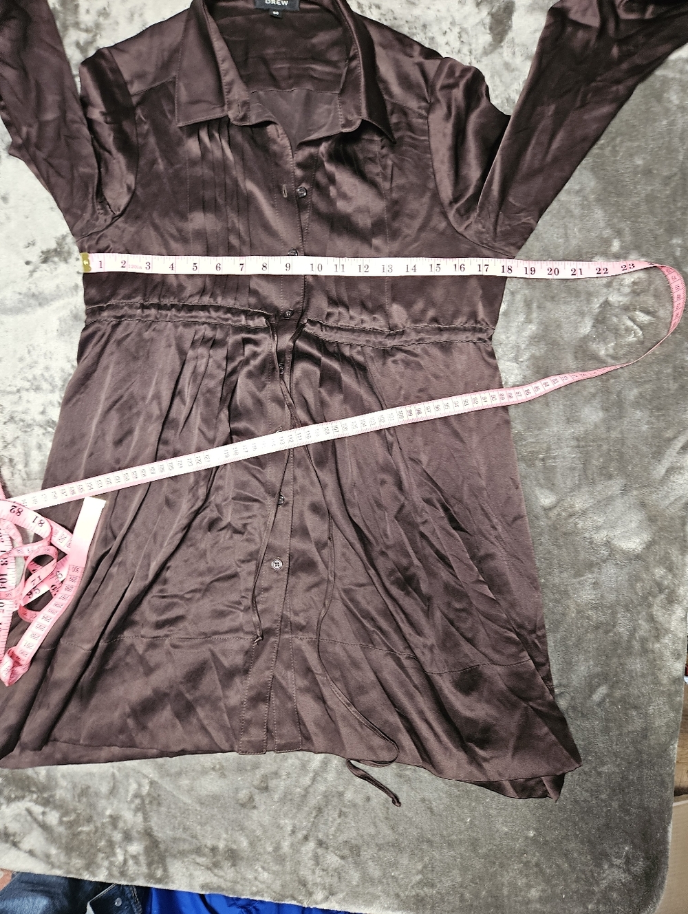 DREW 100% Silk Chocolate Brown Pintuck Pleated Tie-Waist Shirt Dress Parisian Md - Picture 5 of 8